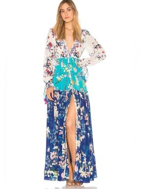 Rococo sand Bella  silk beaded tassel floral maxi dress blue XS NWT